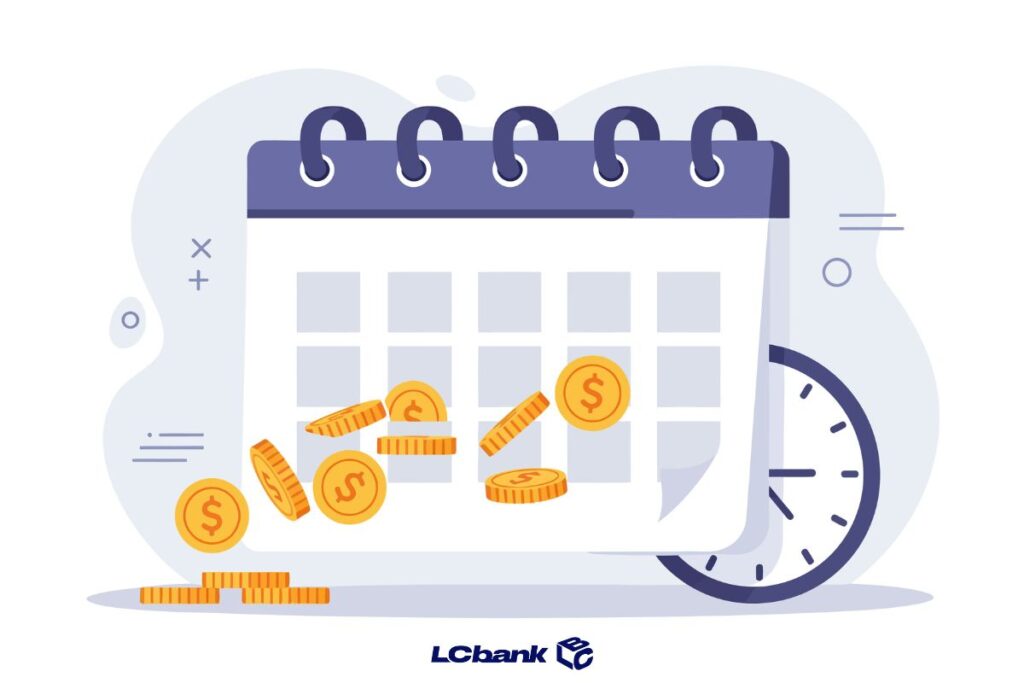 Ilustração com calendário, relógio e dinheiro, em referência ao cronograma de pagamento de RPVs do TRF3.