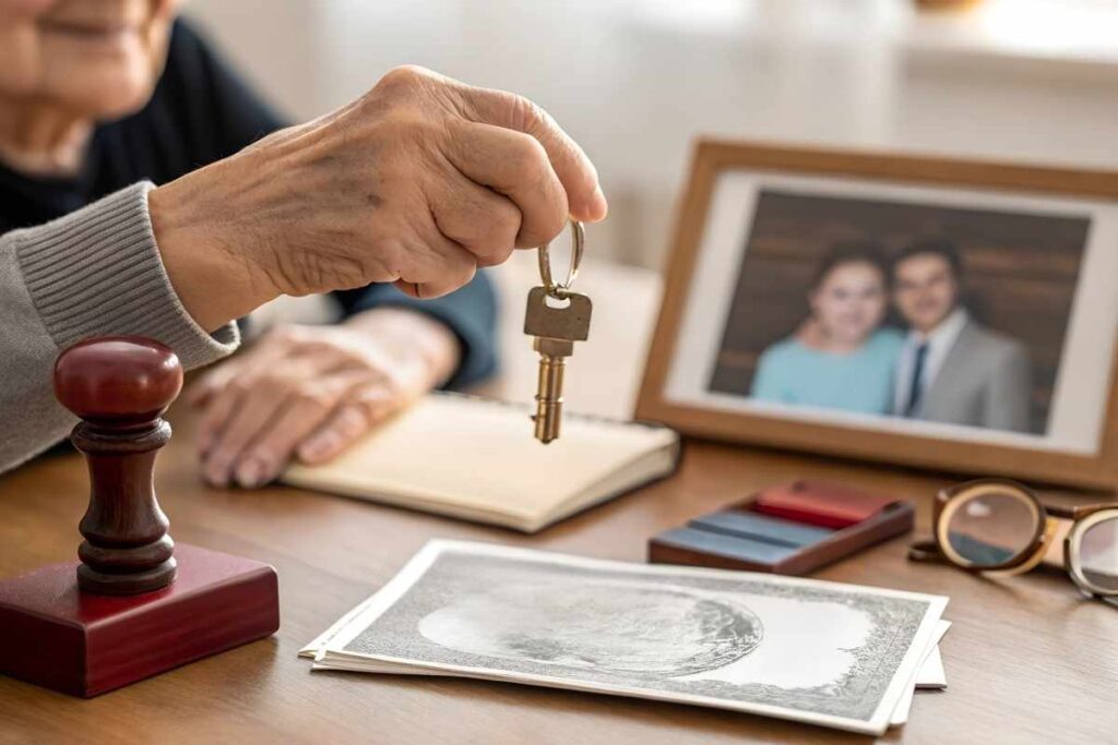 Pessoa idosa segurando uma chave durante um processo de herança, com documentos, carimbo e foto de família sobre a mesa.