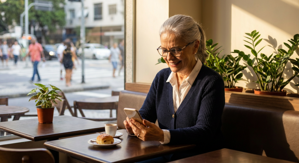 Mulher idosa sorrindo ao celular em um café, expressando alívio ao receber notícias sobre seu crédito do INSS.