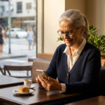 Mulher idosa sorrindo ao celular em um café, expressando alívio ao receber notícias sobre seu crédito do INSS.