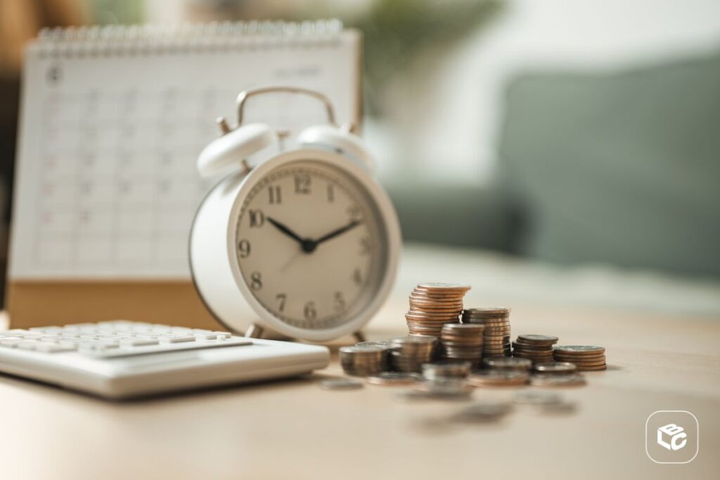 Relógio despertador ao lado de moedas empilhadas e calculadora sobre uma mesa, representando tempo de espera e valores relacionados a RPV, precatórios e planejamento financeiro.