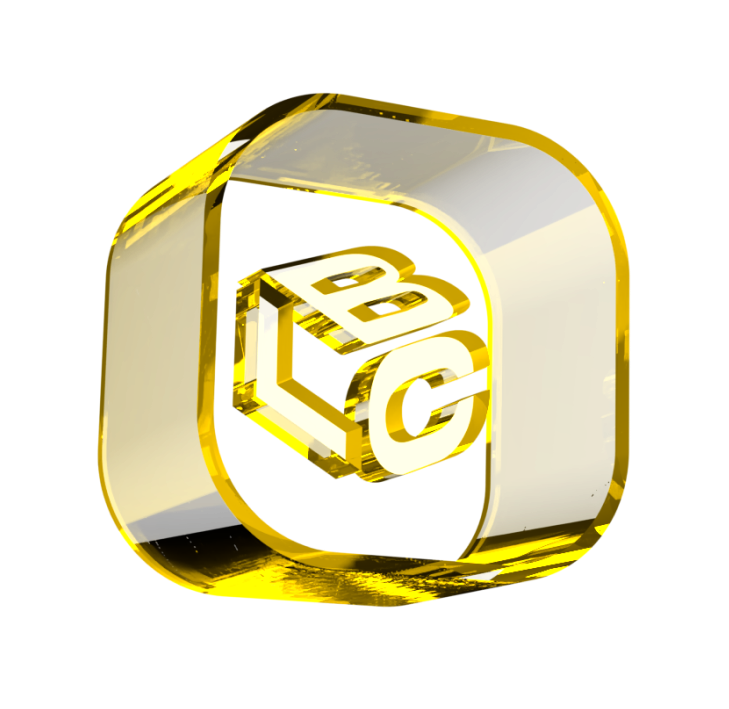 Logo 3D dourado com as letras B, L e C, em fundo branco.