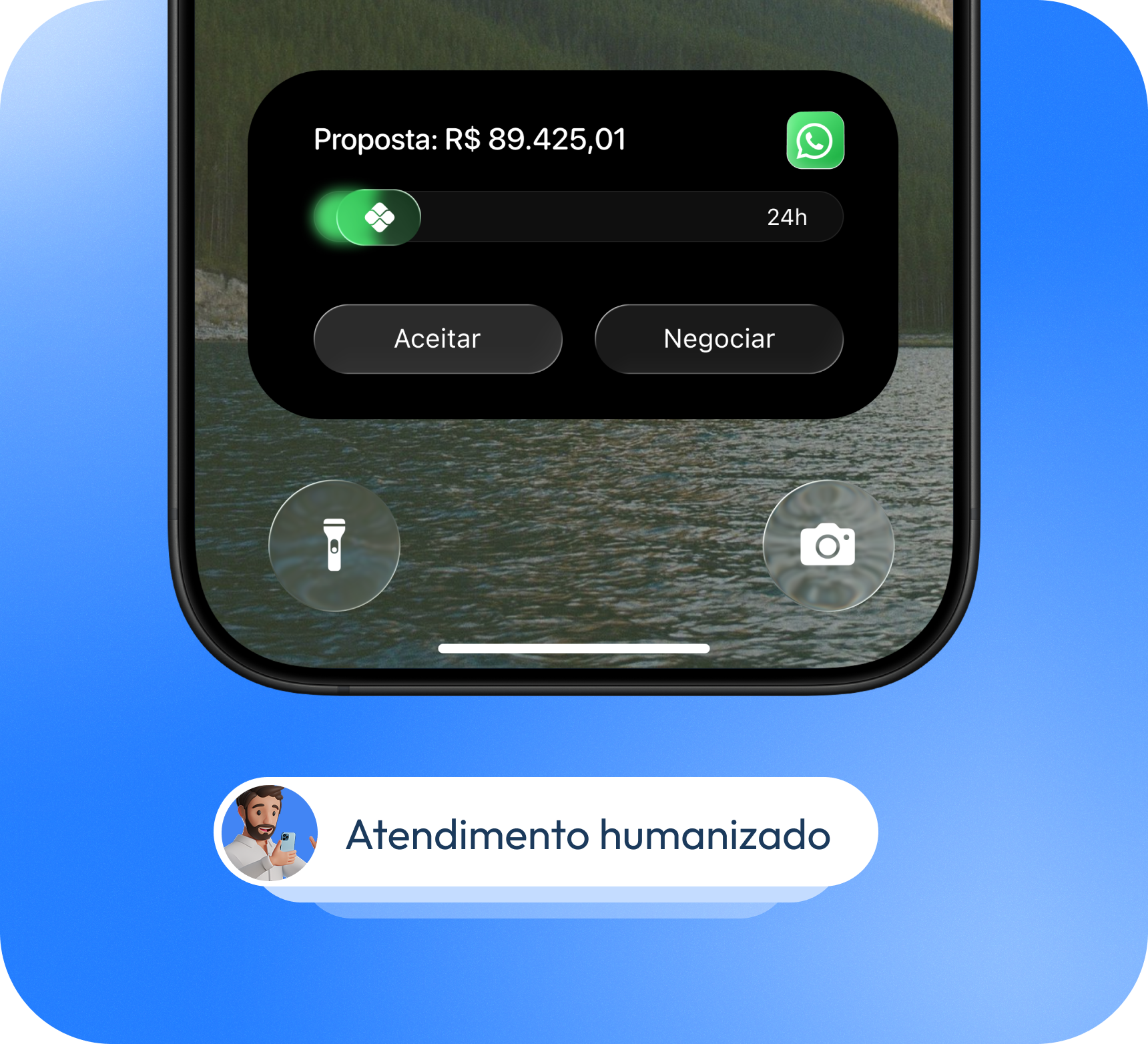 Proposta de R$ 89.425,01 no WhatsApp com opções de Aceitar ou Negociar.