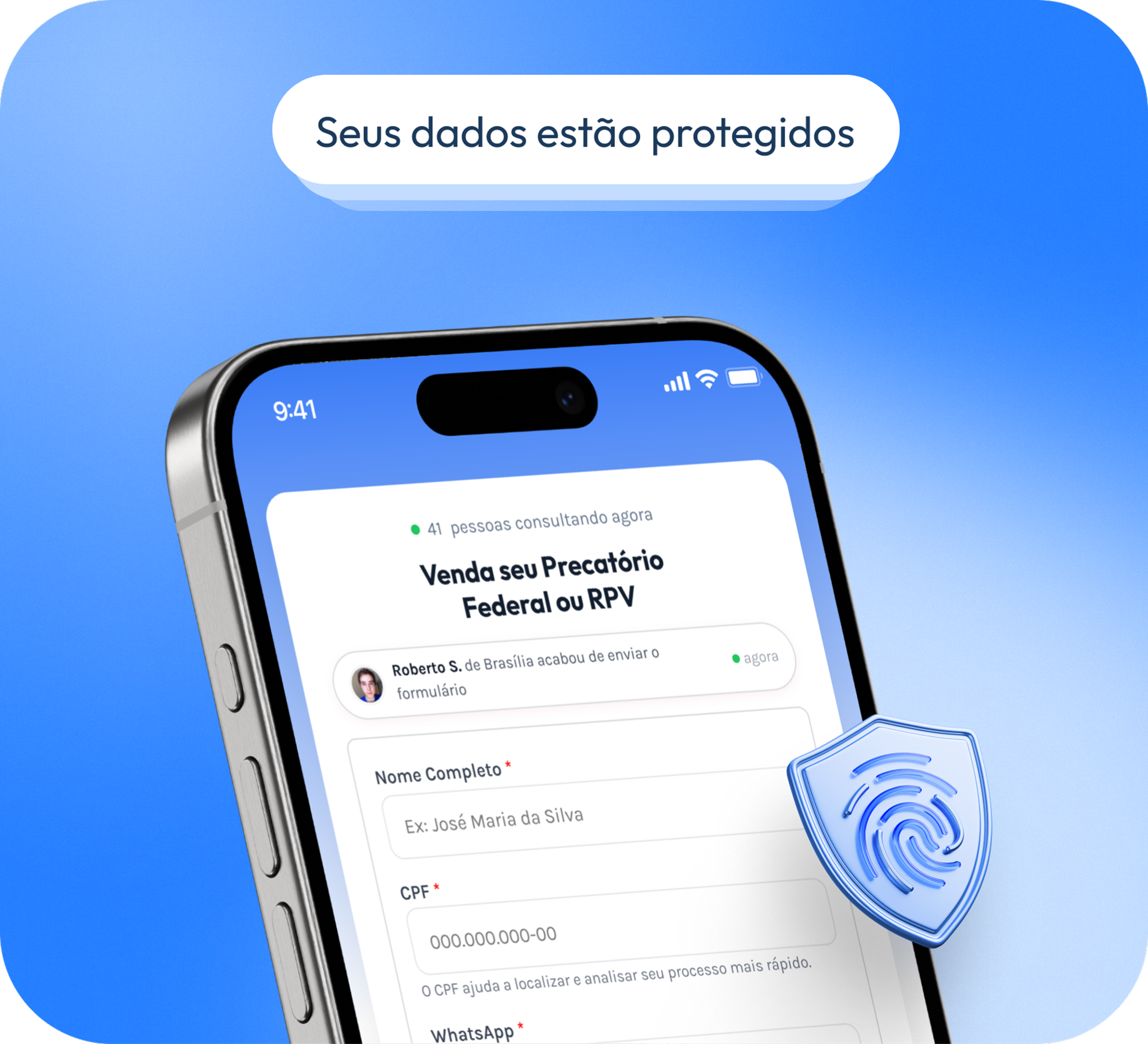 Tela de celular com formulário de dados protegidos e ícone de escudo