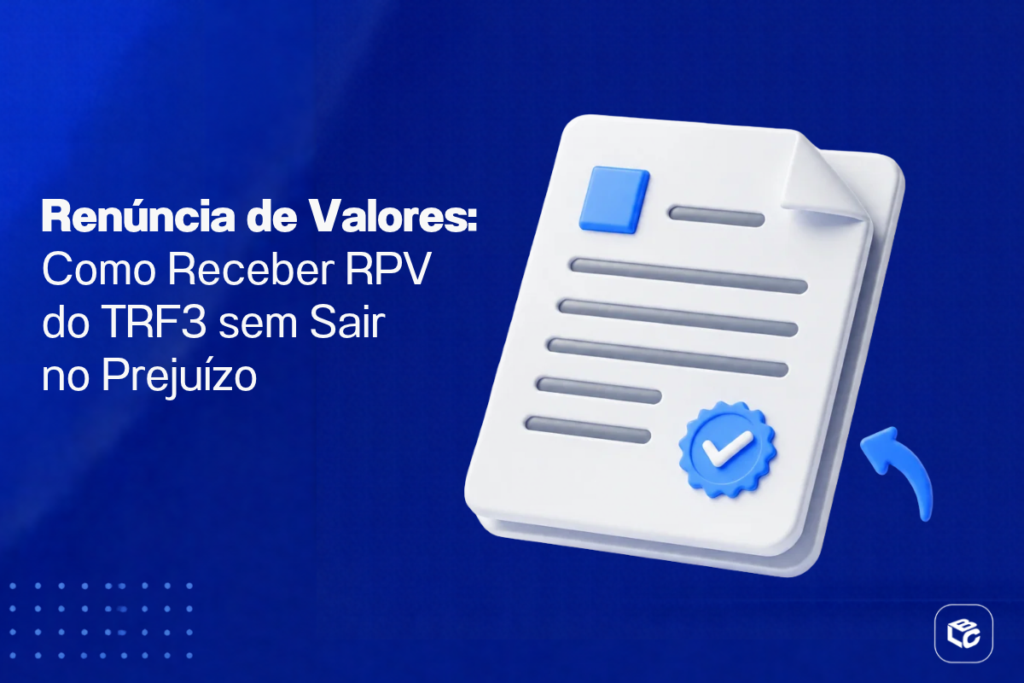 Banner informativo com fundo em degradê azul escuro. À esquerda, há o texto em branco: “Renúncia de Valores: Como Receber RPV do TRF3 sem Sair no Prejuízo”. À direita, uma ilustração tridimensional de um documento branco com linhas cinzas simulando texto, um selo azul de confirmação com símbolo de aprovação e uma seta curva azul apontando para o documento. O canto superior do documento está dobrado, reforçando a aparência de um arquivo oficial. No canto inferior esquerdo, há elementos decorativos formados por pequenos pontos azuis. No canto inferior direito, aparece o logotipo da empresa em branco sobre um ícone azul. O design remete a processos administrativos, documentação jurídica e procedimentos relacionados ao recebimento de RPVs.