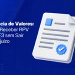 Banner informativo com fundo em degradê azul escuro. À esquerda, há o texto em branco: “Renúncia de Valores: Como Receber RPV do TRF3 sem Sair no Prejuízo”. À direita, uma ilustração tridimensional de um documento branco com linhas cinzas simulando texto, um selo azul de confirmação com símbolo de aprovação e uma seta curva azul apontando para o documento. O canto superior do documento está dobrado, reforçando a aparência de um arquivo oficial. No canto inferior esquerdo, há elementos decorativos formados por pequenos pontos azuis. No canto inferior direito, aparece o logotipo da empresa em branco sobre um ícone azul. O design remete a processos administrativos, documentação jurídica e procedimentos relacionados ao recebimento de RPVs.